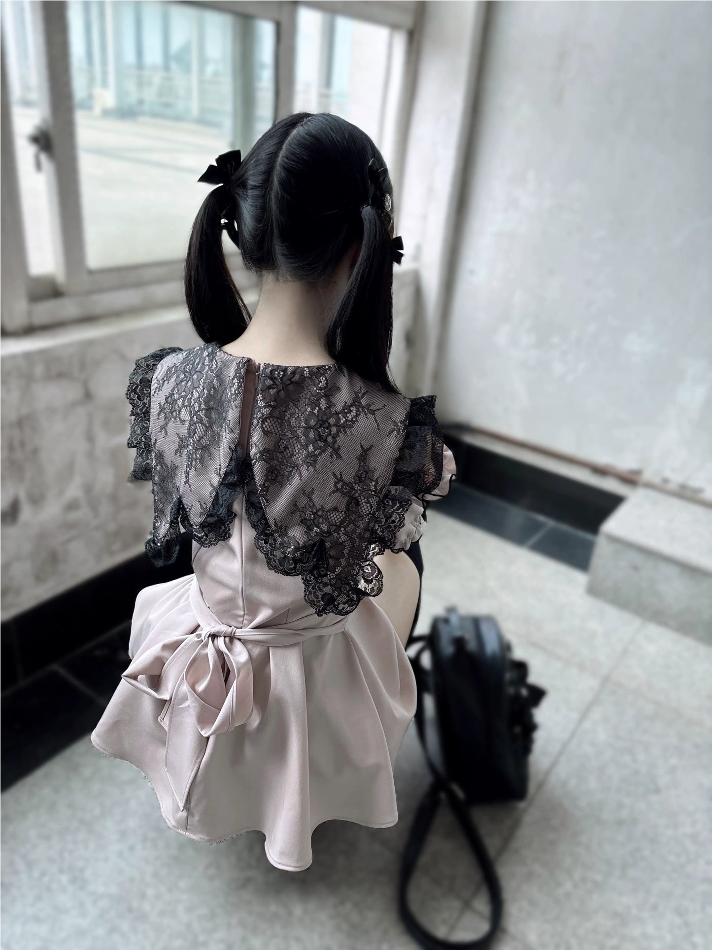 Jirai Kei Dress Set Pink Black Open-Shoulder Winged Collar Dress 37660:577978