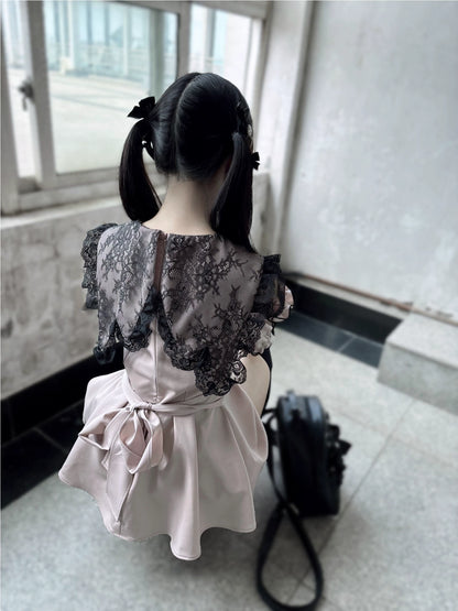 Jirai Kei Dress Set Pink Black Open-Shoulder Winged Collar Dress 37660:577992