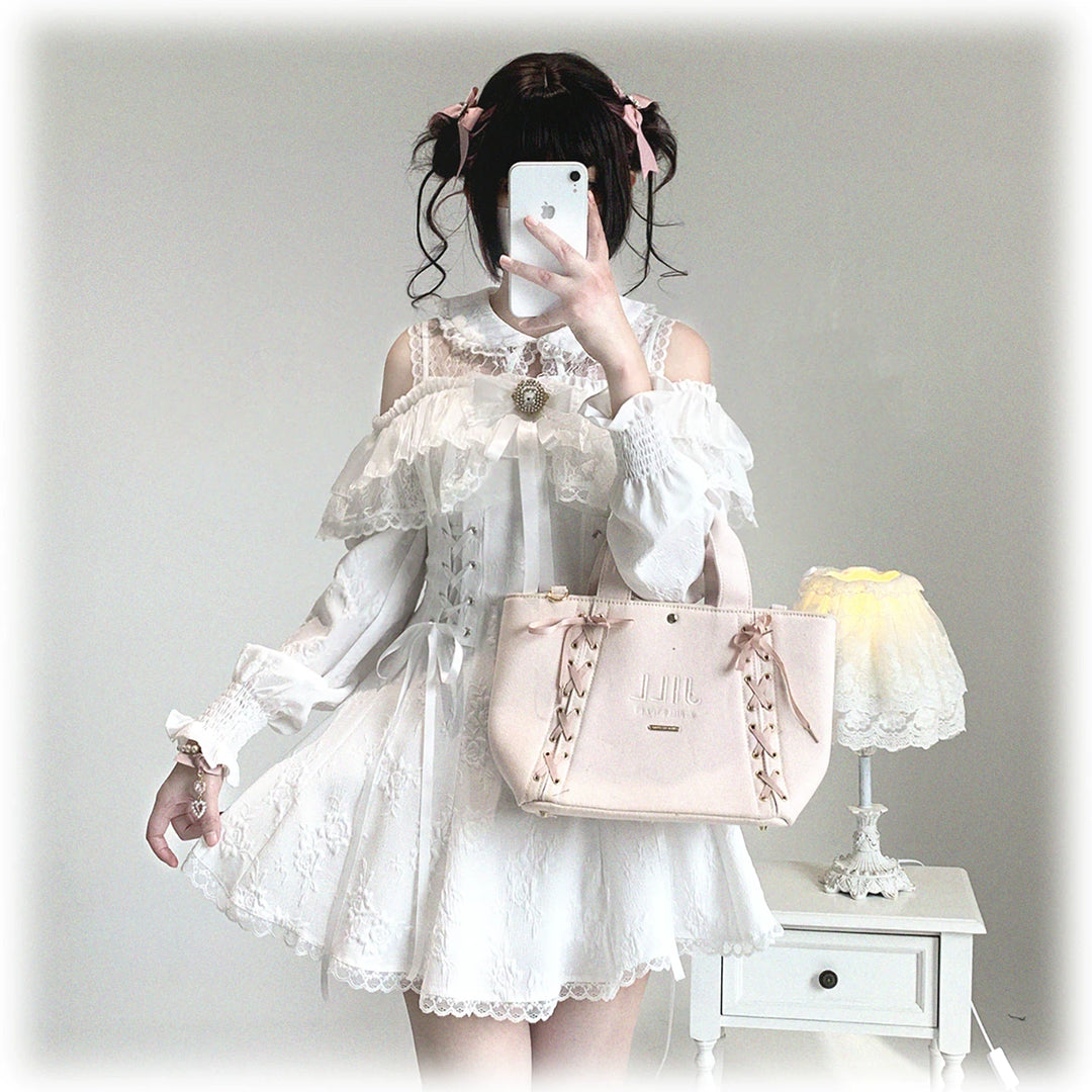 Jirai Kei Open-Shoulder Dress, Bust Lace Flounce Hem 44468:809943