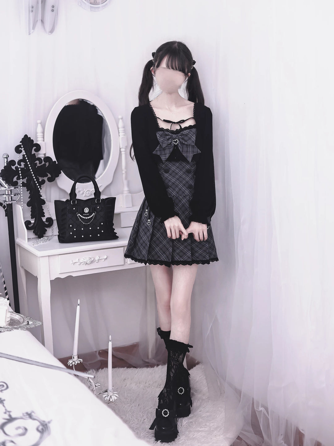 Jirai Kei Plaid Dress with Bolero, Pleated Hem 45934:869191
