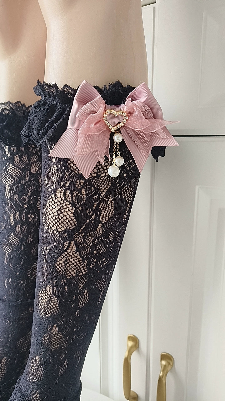 Jirai Kei Mid Length Cotton Socks, Bows and Pearls 44121:797910