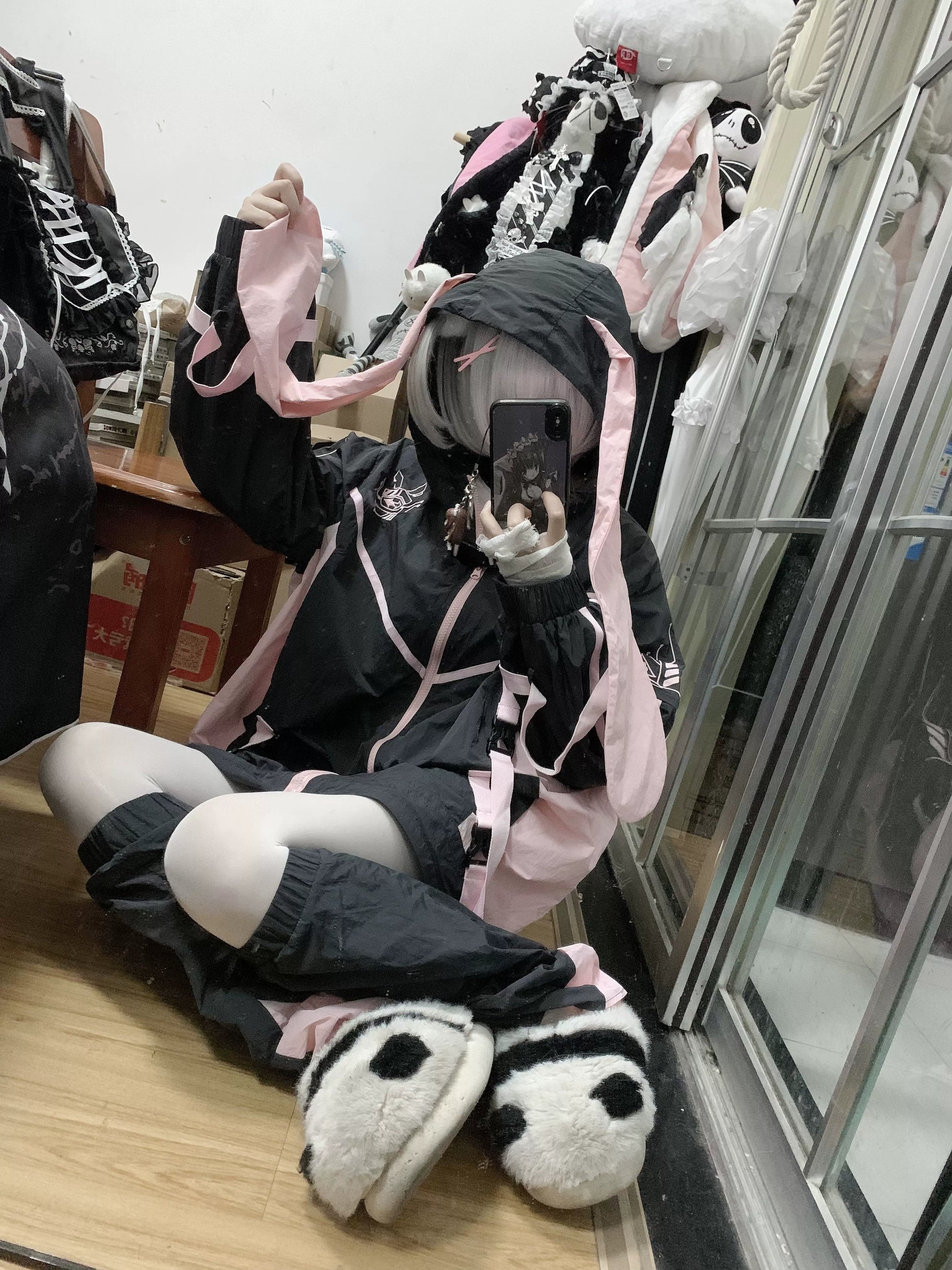 Jirai Kei Outfit Set Cyberpunk Coat Black Pink Thin Jacket 37568:563358