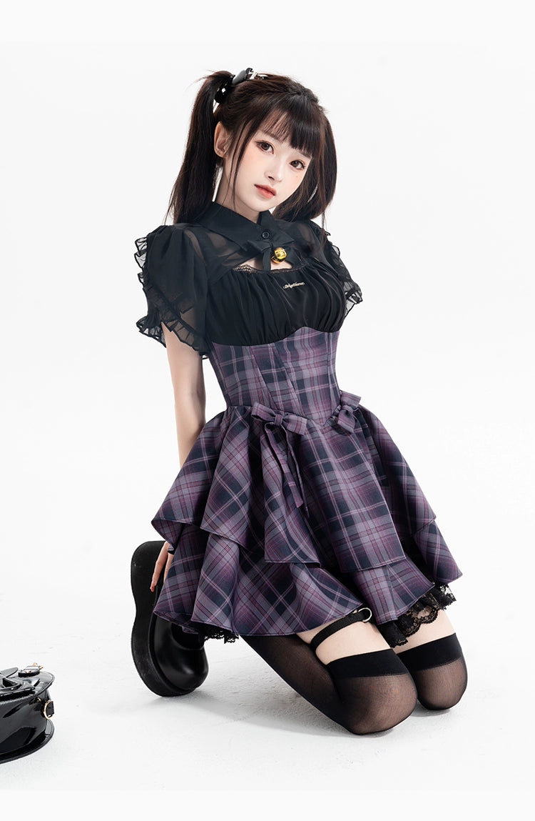 Gyaru Purple Plaid Dress With Lace Trim And Black Bolero 22508:323466