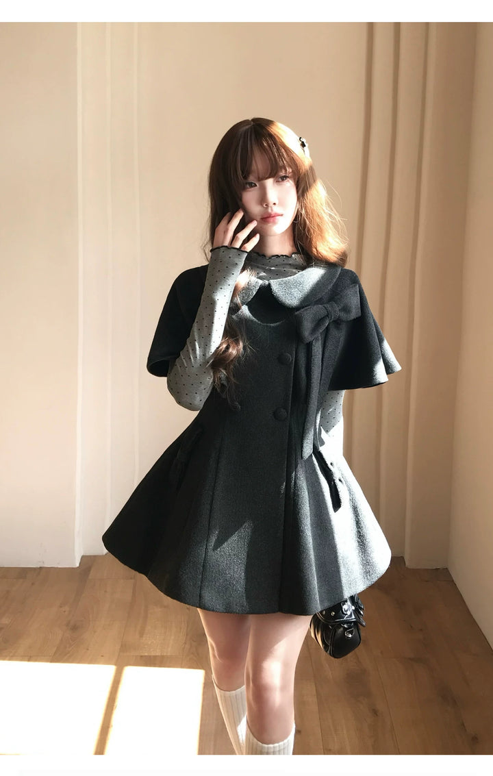 Autumn Cape Style Waist-Cinched Coat, Polka Dot Blouse 46011:872032