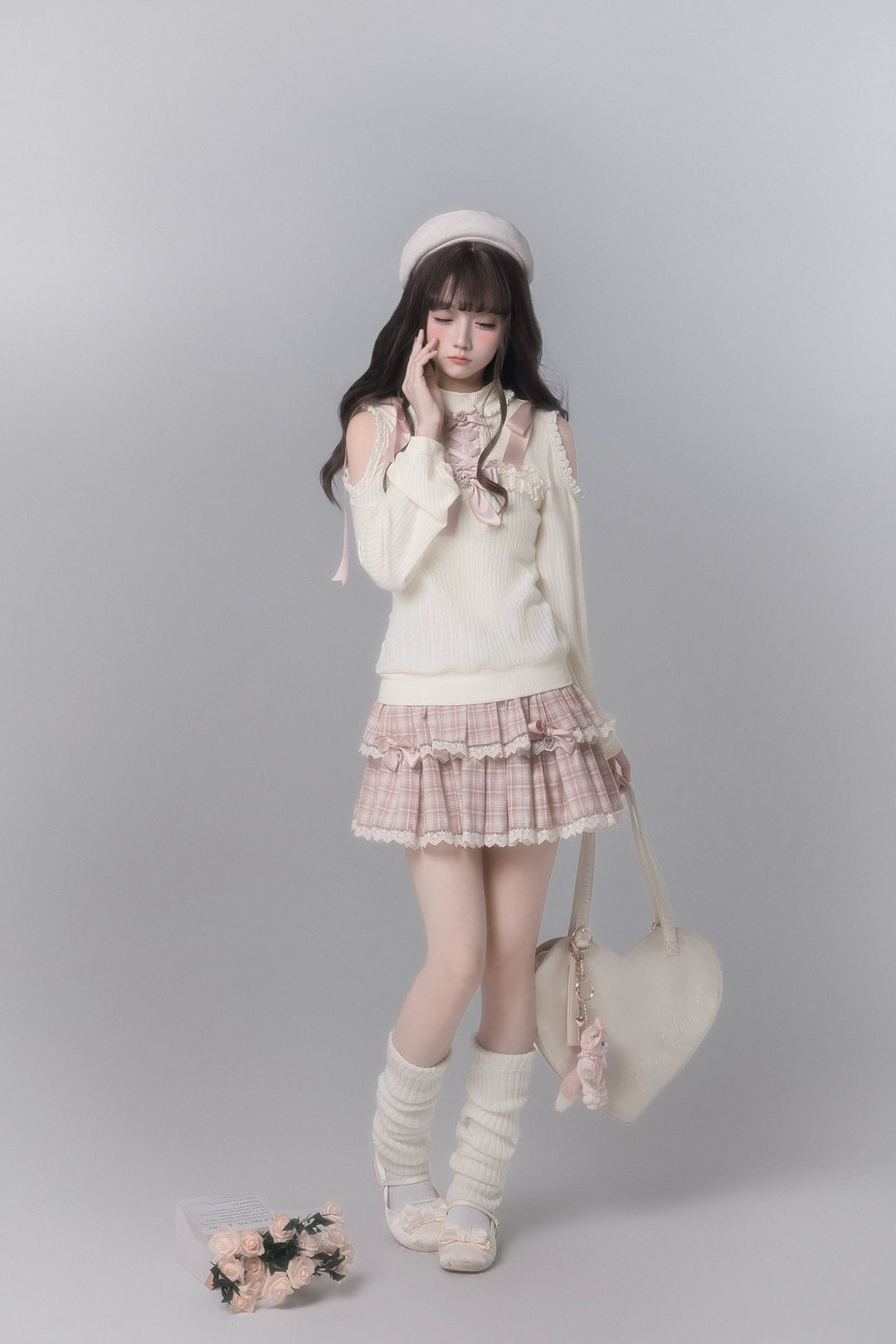 Ryousangata Open-Shoulder Sweater, Tiered Plaid Skirt 44776:824072