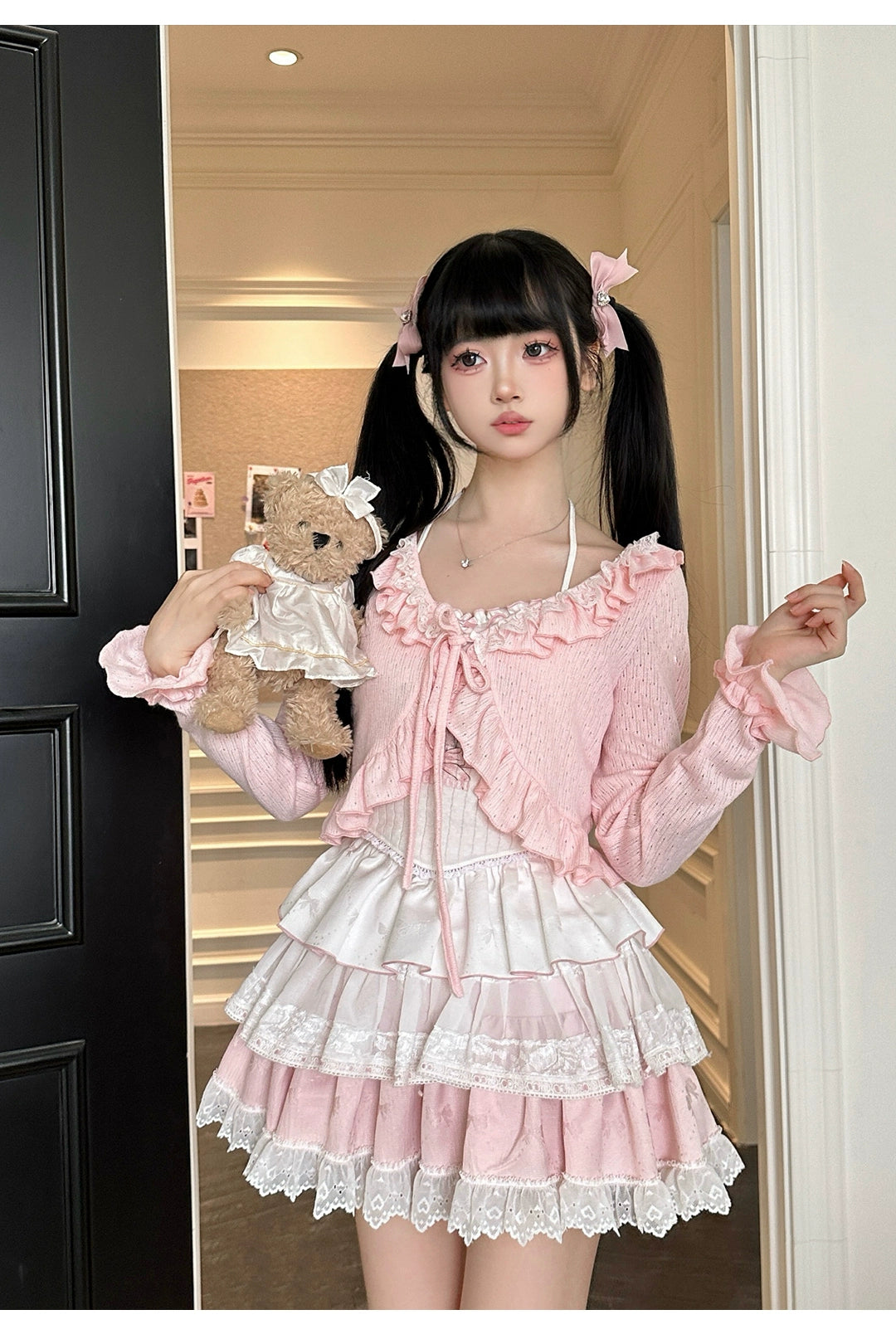 Ryousangata Skirt Set Pink Cardigan White Straps Top 37008:548386