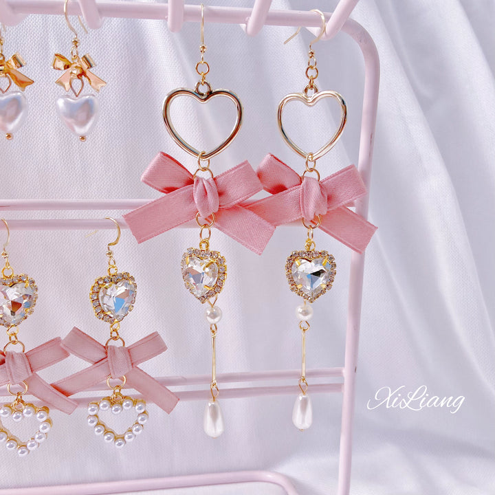 Jirai Kei Earrings Pink Heart Rhinestone Bow Ear Clips 33800:449896 33800:449896