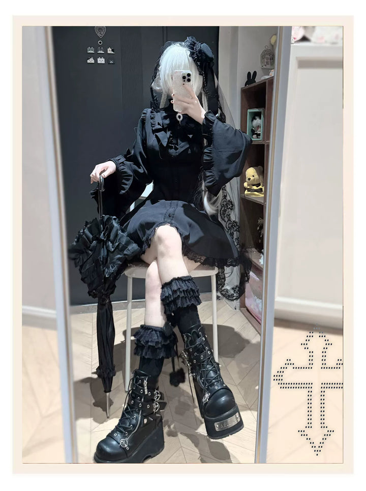 Flared Sleeves Jirai Kei Dress, Rhinestone Bow 44951:831292