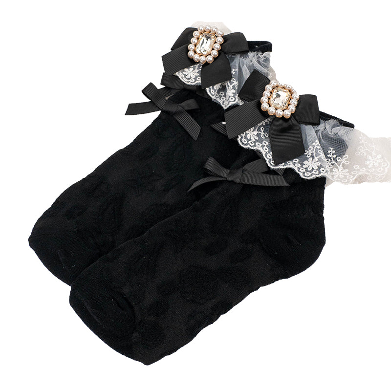 Kawaii Jirai Kei Ribbon White Black Lace Socks 21588:309922 21588:309922