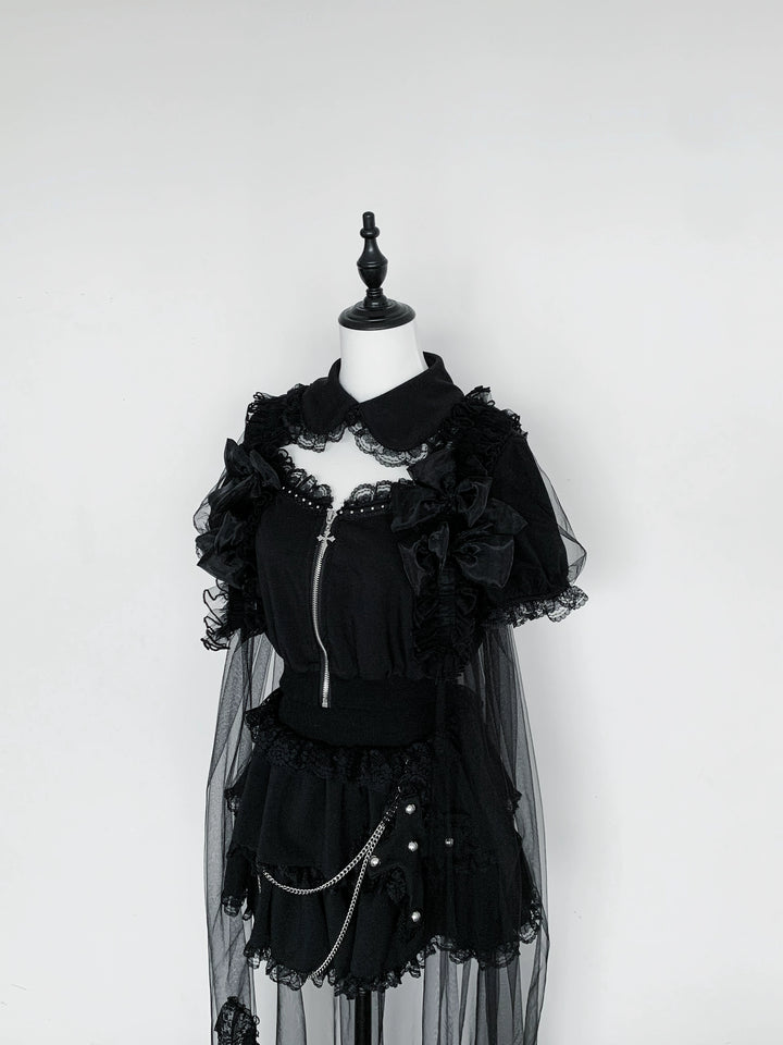 Jirai Kei Skirt & Zip-up Top, Tulle Vest 45009:838775