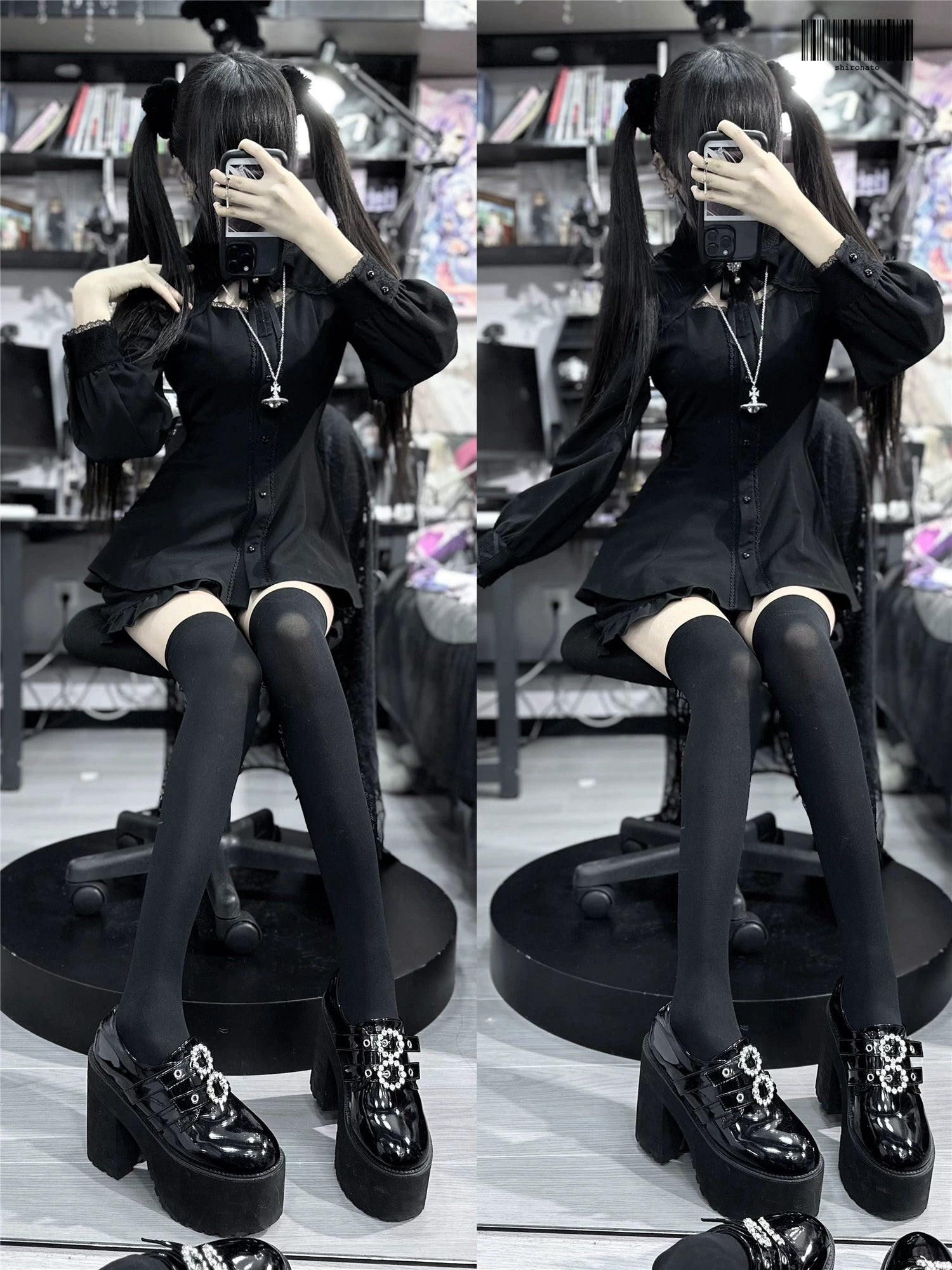 Jirai Kei Dress Set Black Wine Red Lace Trims Long Sleeve Set 35308:492874