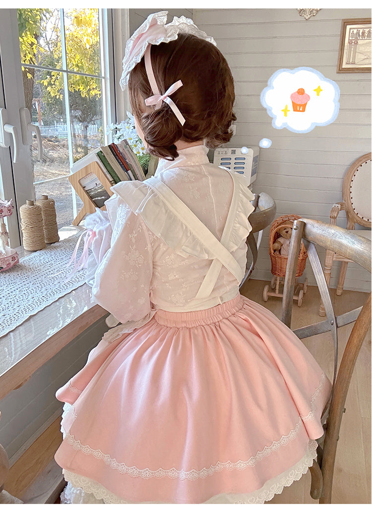 Kawaii Outfit White Maid Blouse And Pink Skirt With Apron 42283:735270