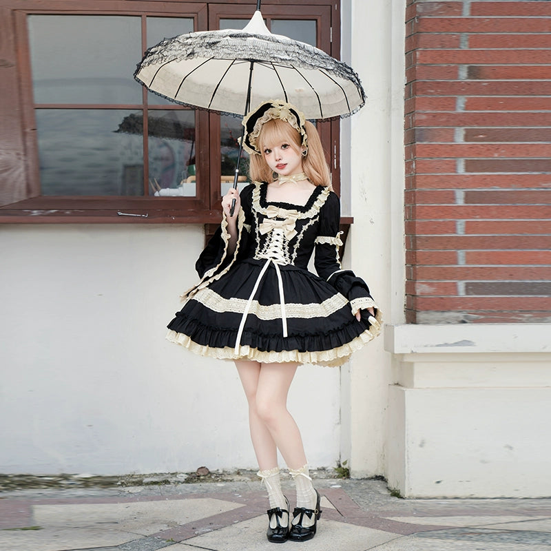 Classic Lolita Dress Black OP Versatile Detachable 6-Piece Set S / Detachable Hand Sleeves-One Size
