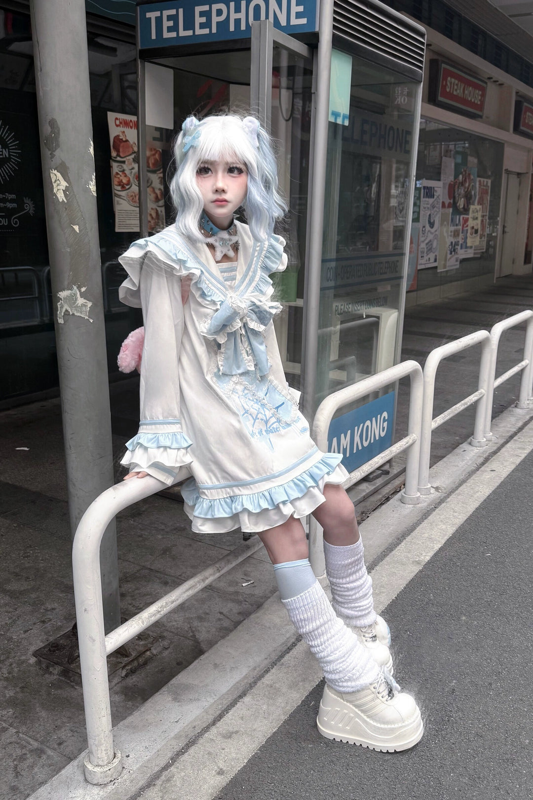Yami Kawaii Blue White Dress with Sailor Collar & Cross Spiderweb Print 42855:755576