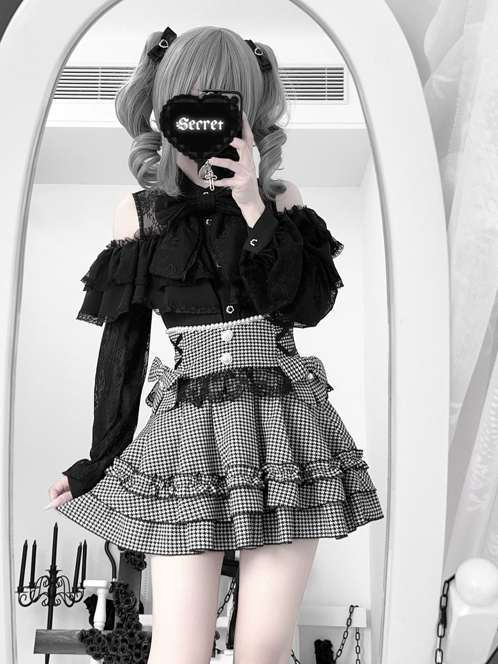 Open-shoulder Ryousangata Blouse, Sheer Lace Sleeves (L M S XL) 44165:801600