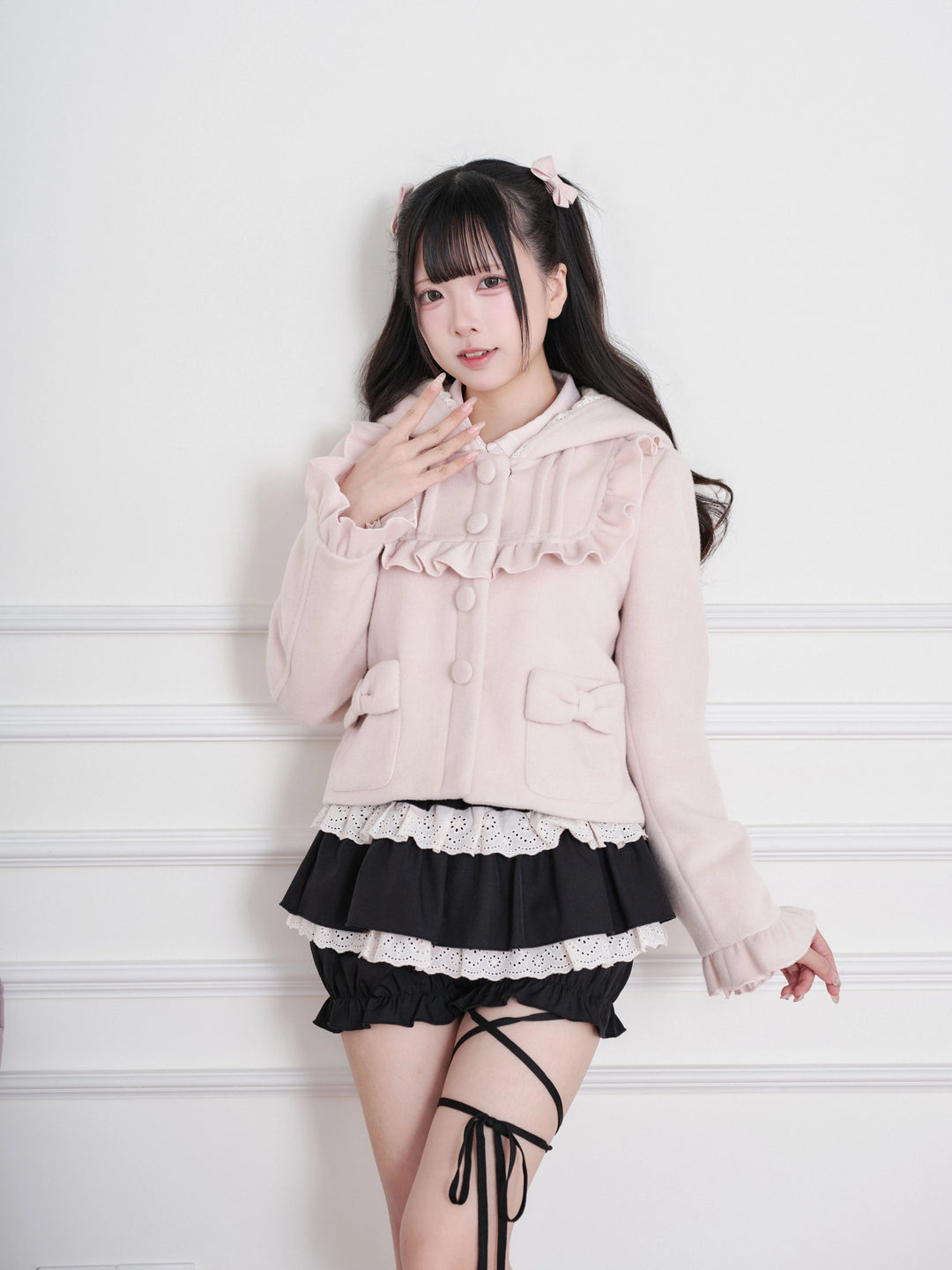 Ryousangata Hooded Solid Coat, Ruffled Neckline 45955:870345