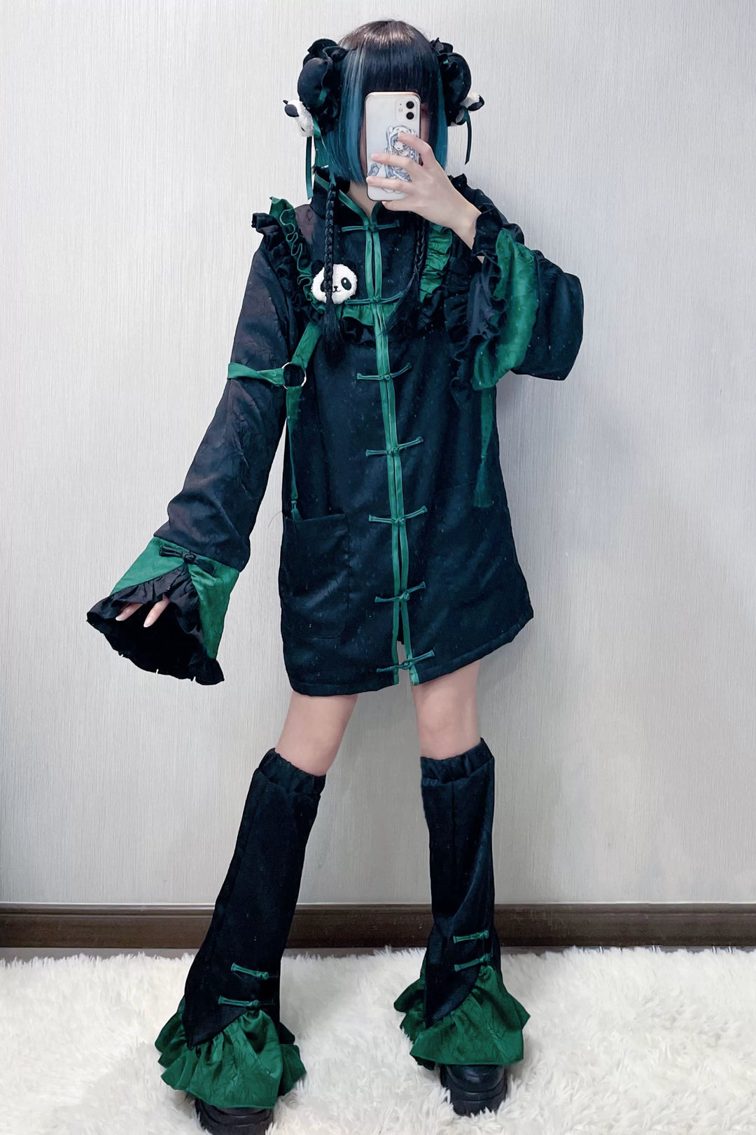 Jirai Kei Dress Set Black Green Cheongsams With Panda Detail Jirai Kei Dress Set Black Green Cheongsams With Panda Detail