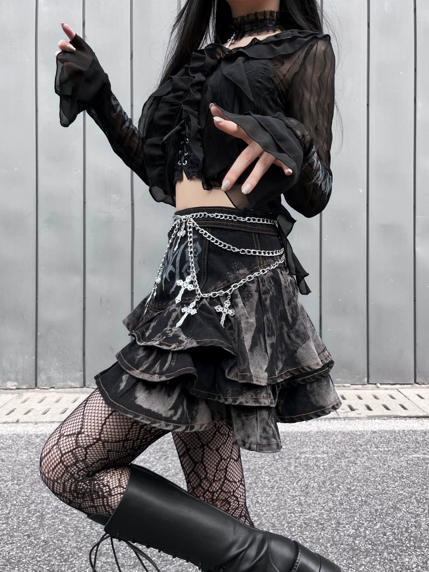Gothic Puffy Skirt Subculture High Waist Denim Skirt 37472:560802