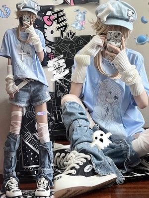 Jirai Kei White Blue Short-sleeved T-shirts – Honey Wardrobe