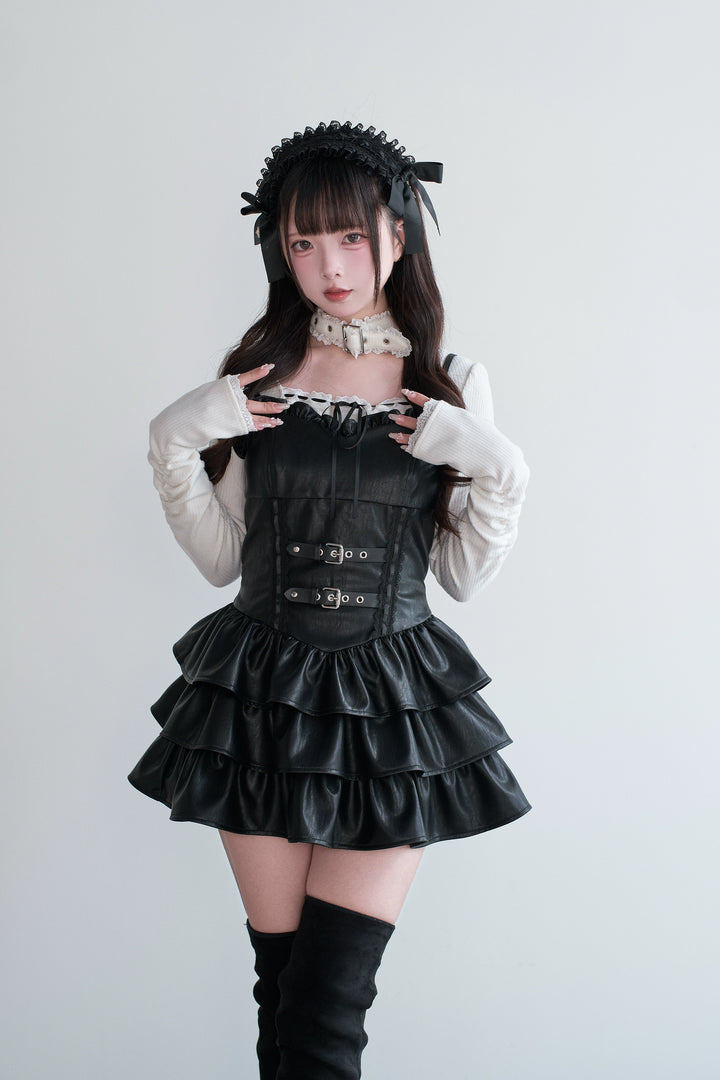 Jirai Kei Strappy Mini Dress, Tiered Ruffles (L M) 44328:805459