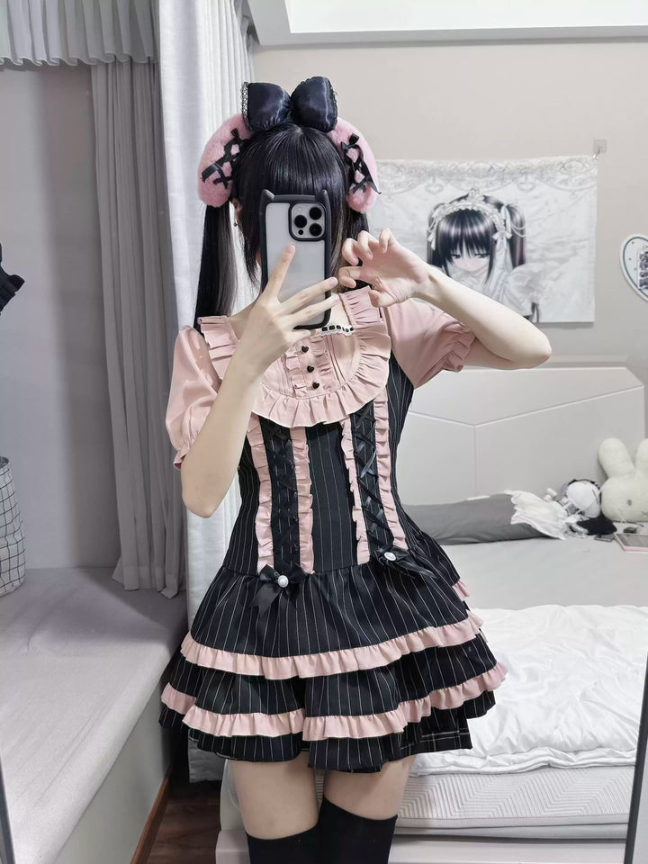 Jirai Kei Low Waist Striped Dress, Detachable Hem Bows 45831:864576