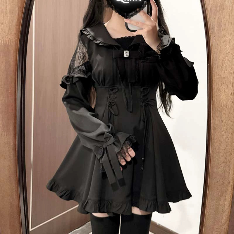 Jirai Kei Dress Set Black Sailor Collar Lace Dress Shorts 40076:649922