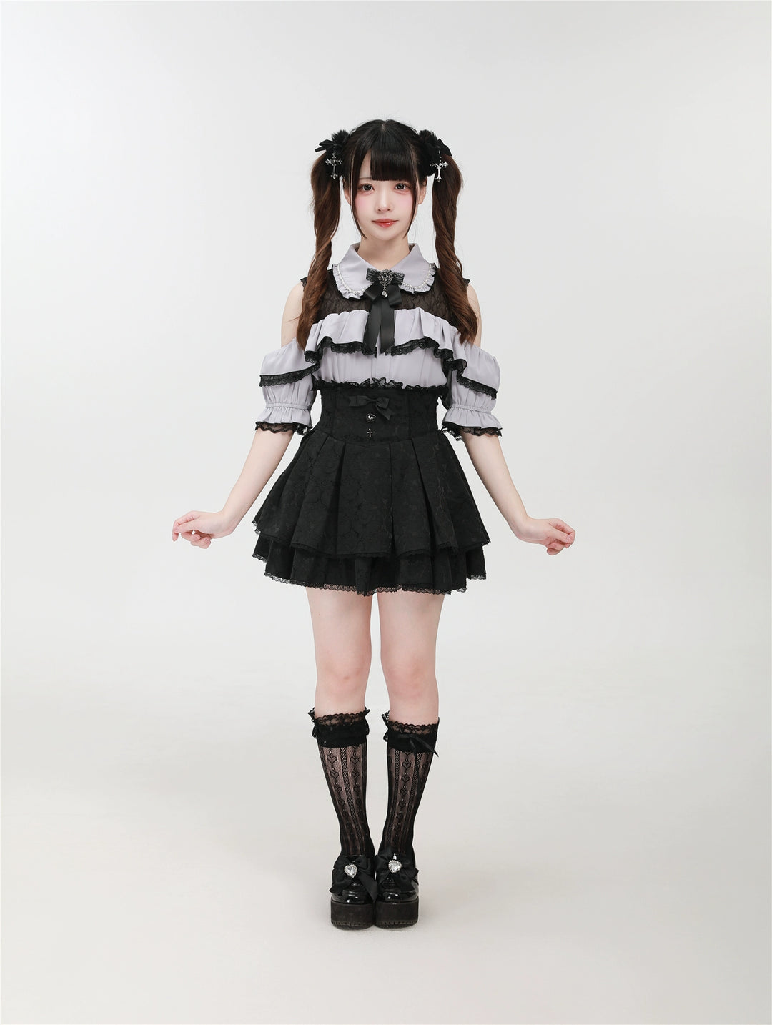 Jirai Kei Shirt with Bust Flounce Hem/Hidden Button 43035:762529