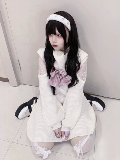 Jirai Kei White Sweater Dress Off-Shoulder Lace Dress 31844:372118