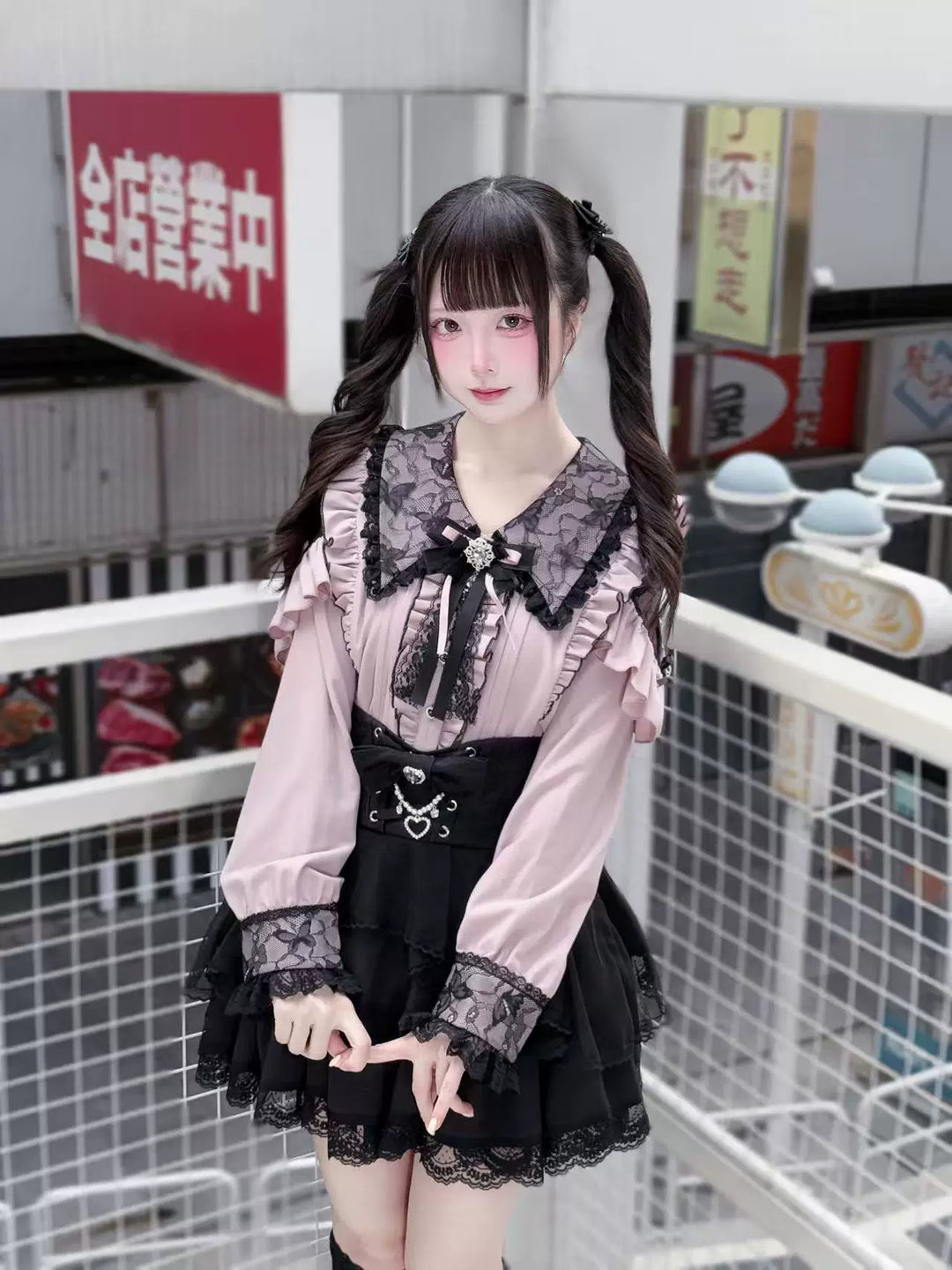 Jirai Kei Long Sleeve Blouse, Lace Overlay and Heart Buttons 44589:815215