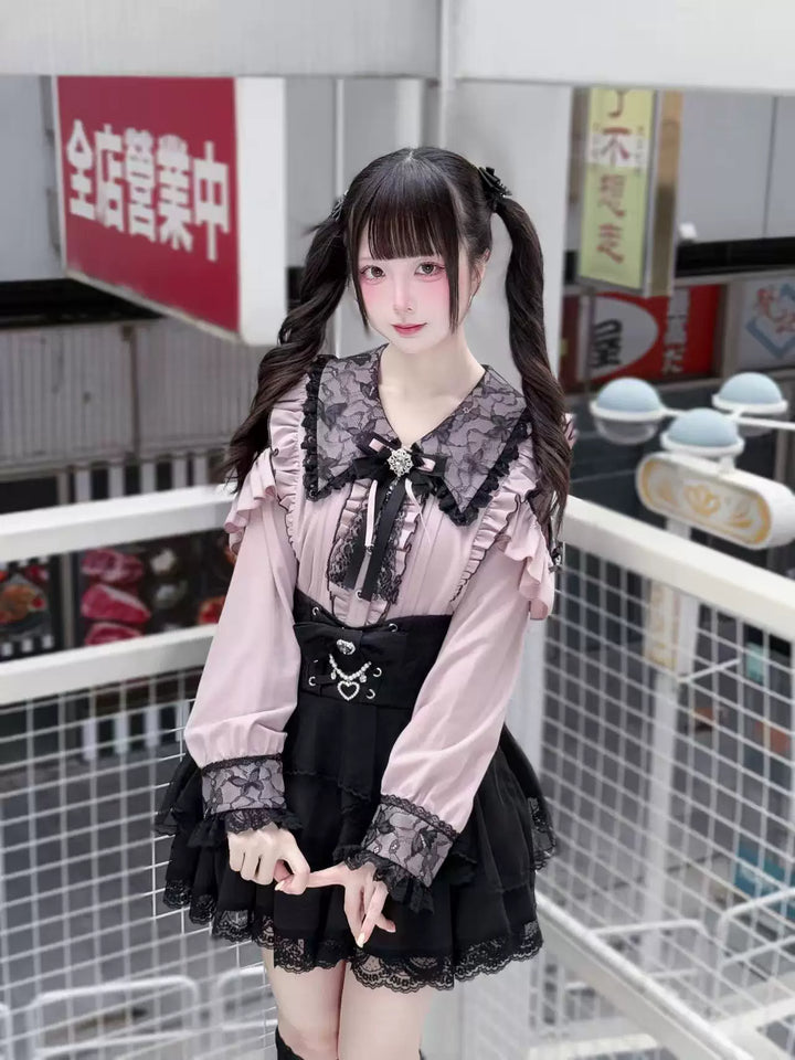 Jirai Kei Long Sleeve Blouse, Lace Overlay and Heart Buttons 44589:815215