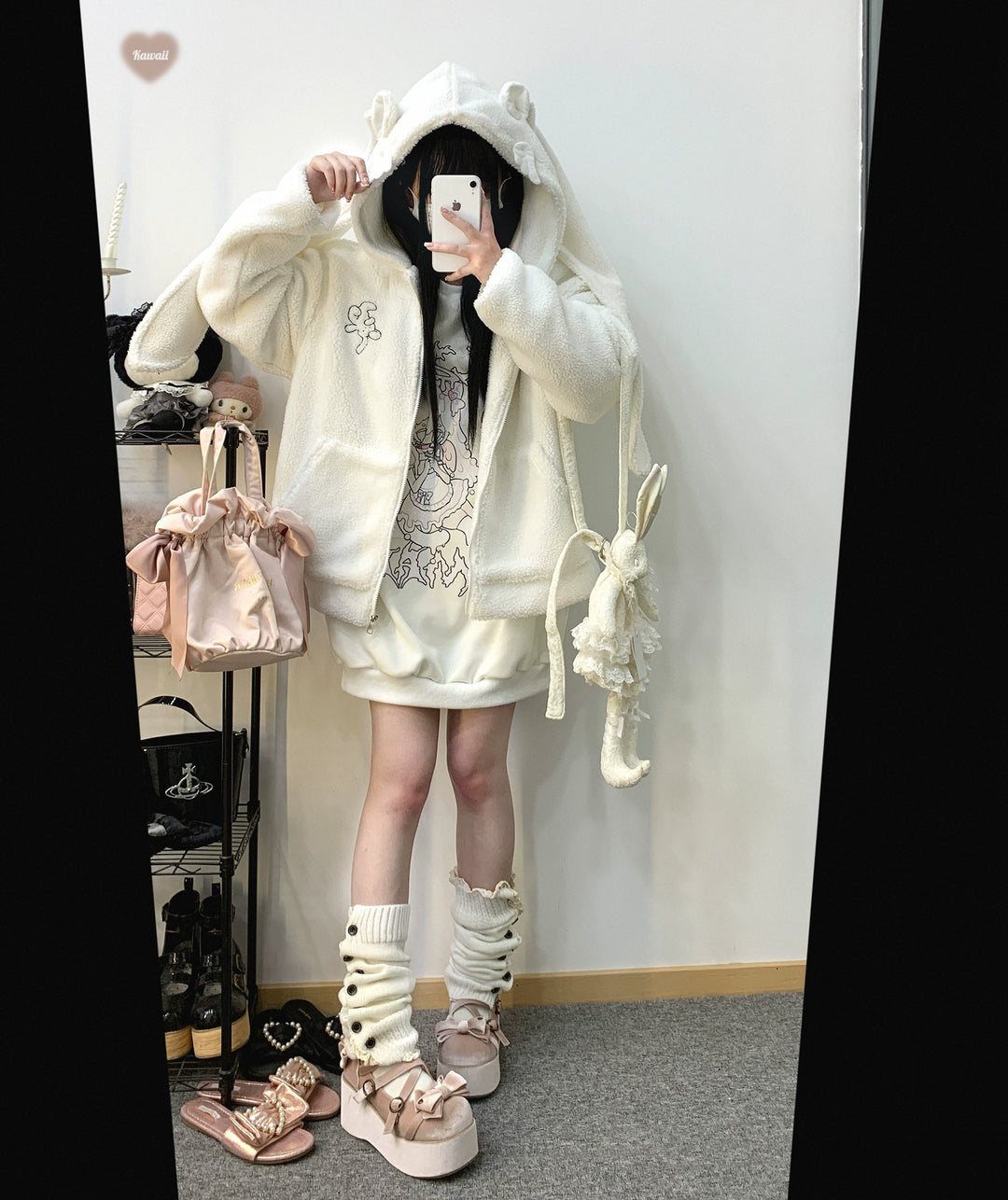 Jirai Kei White Black Coat Zipper Rabbit Ear Lamb Fleece Coat 31862:371906 31862:371906