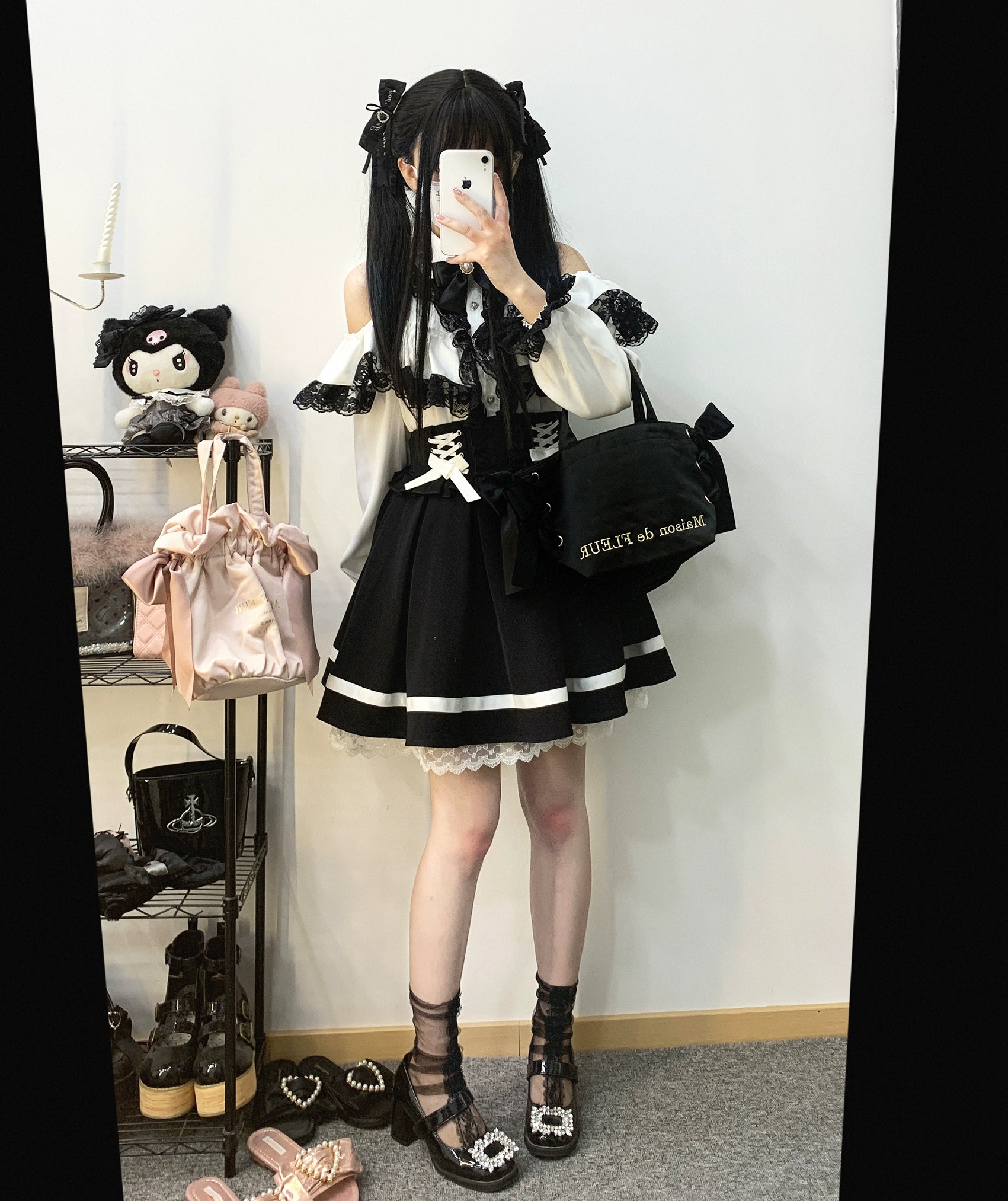 Jirai Kei Skirt High Waist Lace Up Skirt With Bow Tie 31860:396630