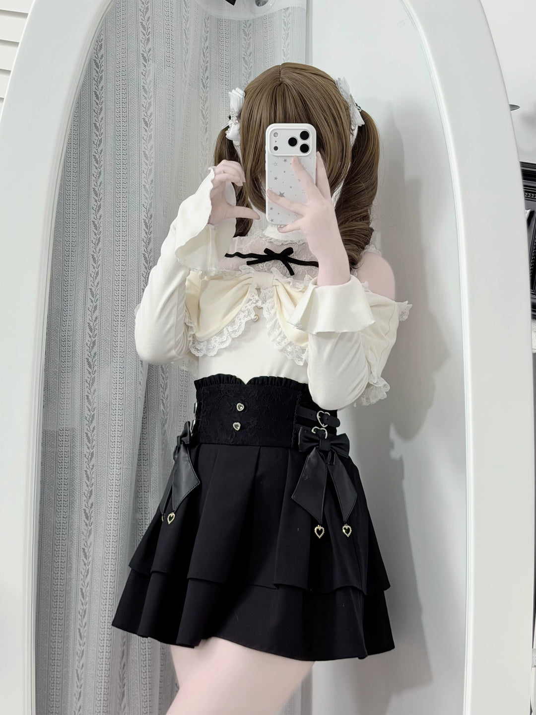 Seiso Kei Sweater and High Waist Skirt Set, Open-Shoulder 45989:871677