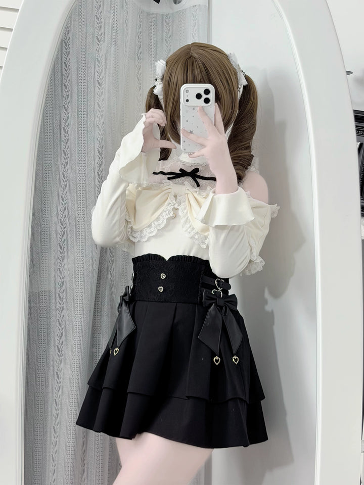Seiso Kei Sweater and High Waist Skirt Set, Open-Shoulder 45989:871677