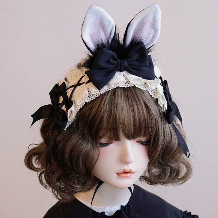 Lolita Headwear Handmade Cat Ears Hairband Black White Bow (12) 28946:332810 (12) 28946:332810