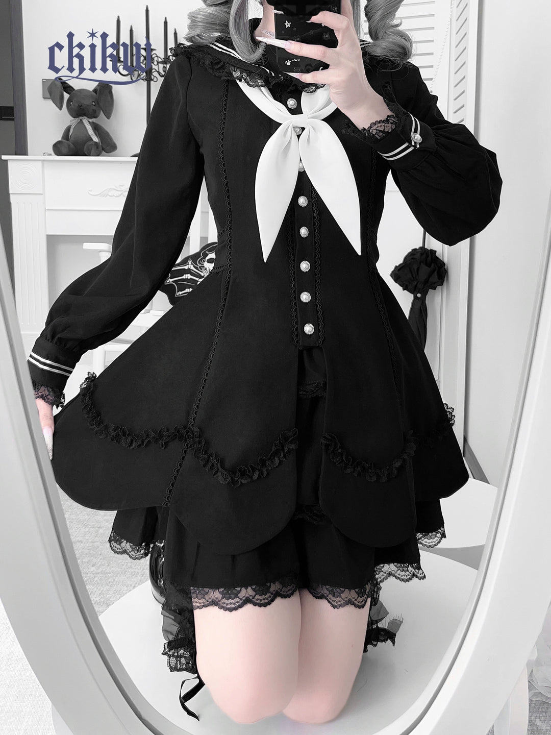 Sailor Collar Subculture Dress Set, Petal-Shaped Hem 43865:788514