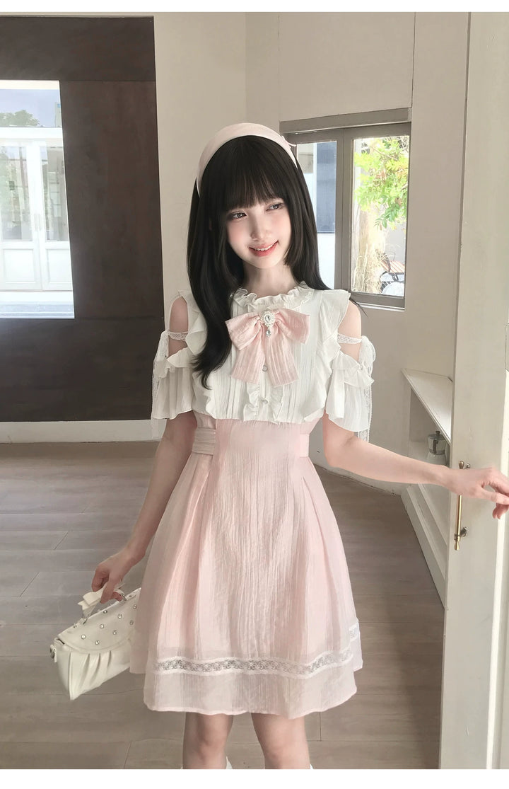 Ryousangata Lace Open Shoulder Dress, Pink & White 45751:863632