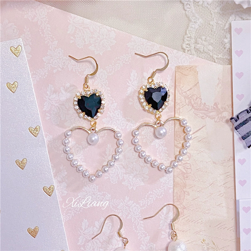 Black Jirai Kei Earrings Heart Rhinestone Bow Ear Clips 33796:449952 33796:449952