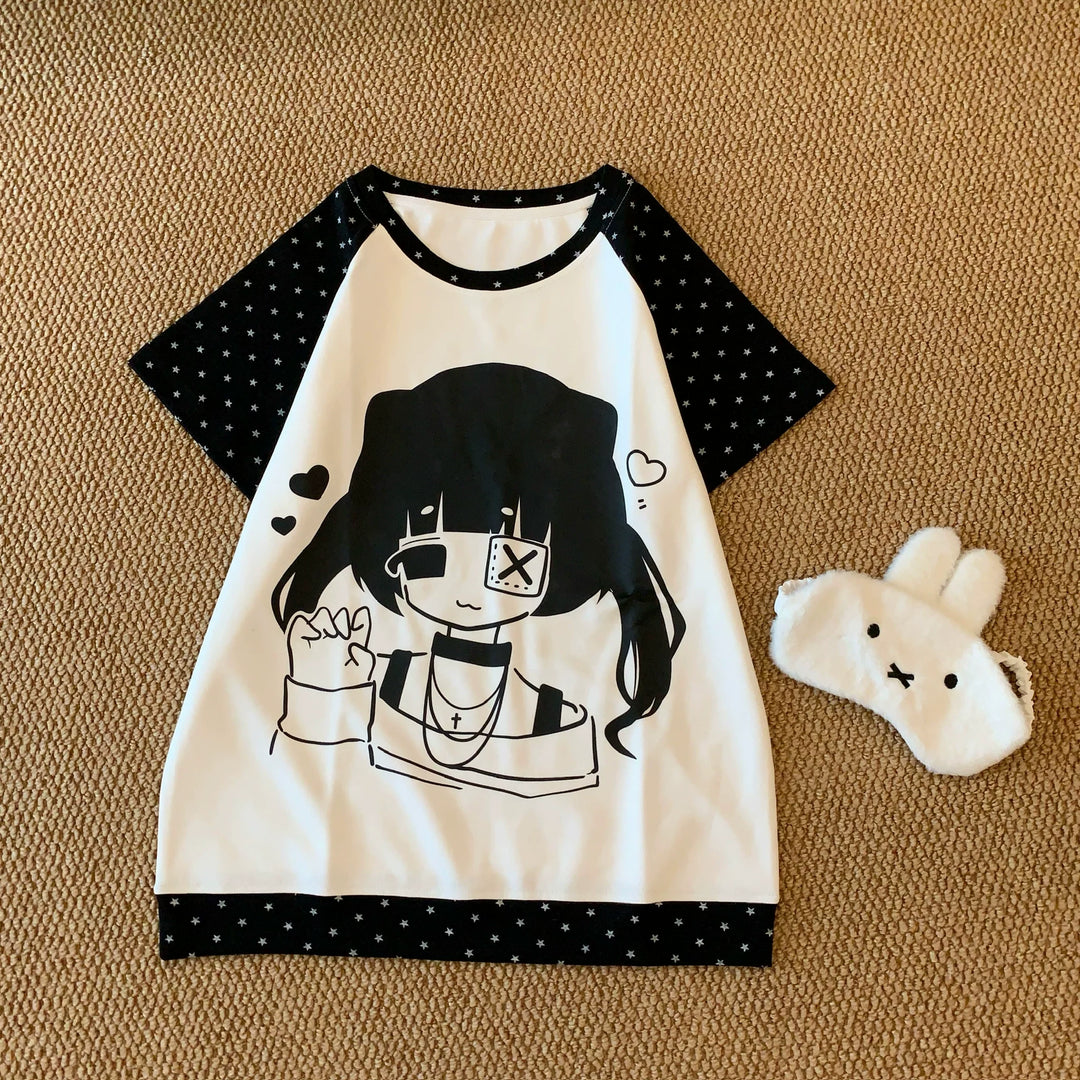 Kawaii Raglan T-Shirt, Girl & Star Print (L M S) 45639:857363
