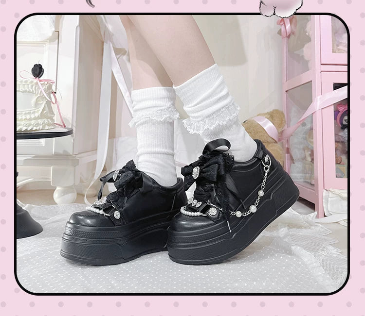 Jirai Kei Platform Shoes, Rhinestone & Pearl Chain 45866:868222