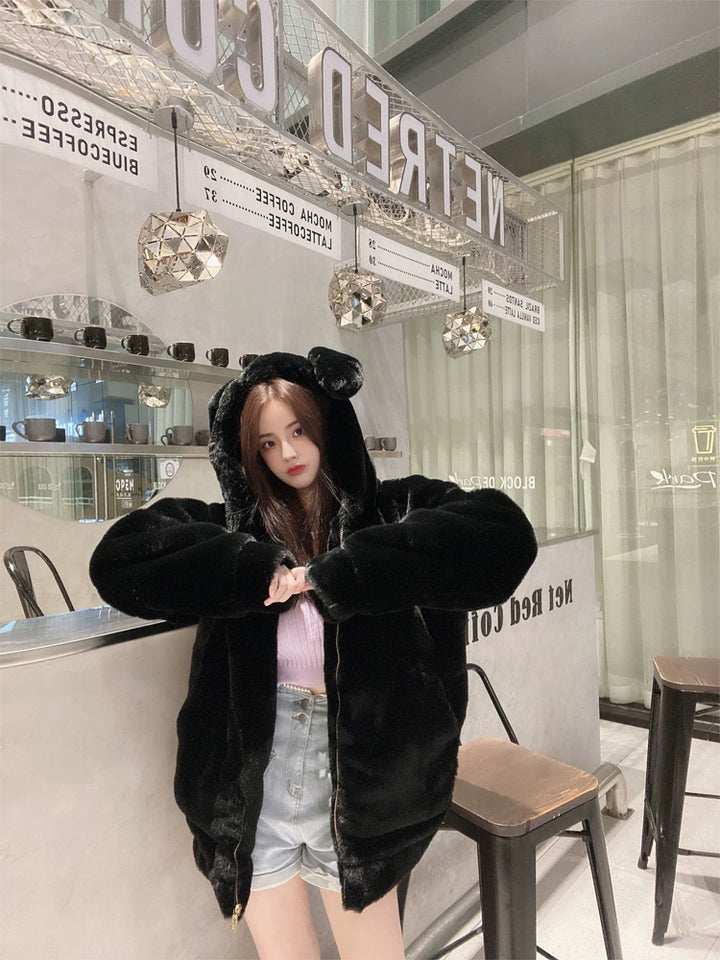 Jirai Kei Winter Coat Thick Fleece Hooded With Cute Bunny Ears 32468:386352 32468:386352