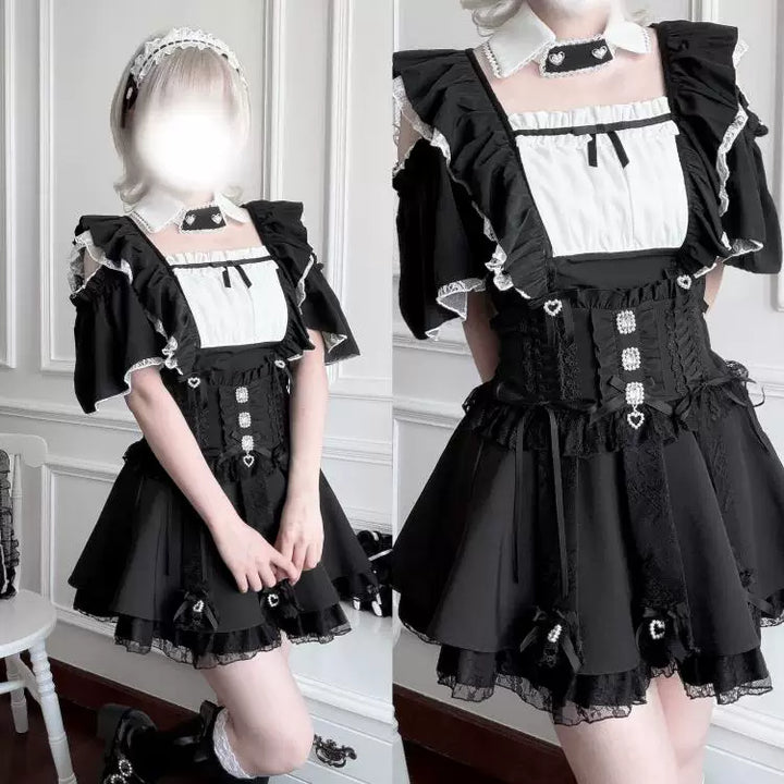 Jirai Kei High Waist Skirt, Lace Ruffle & Rhinestone 45843:865676