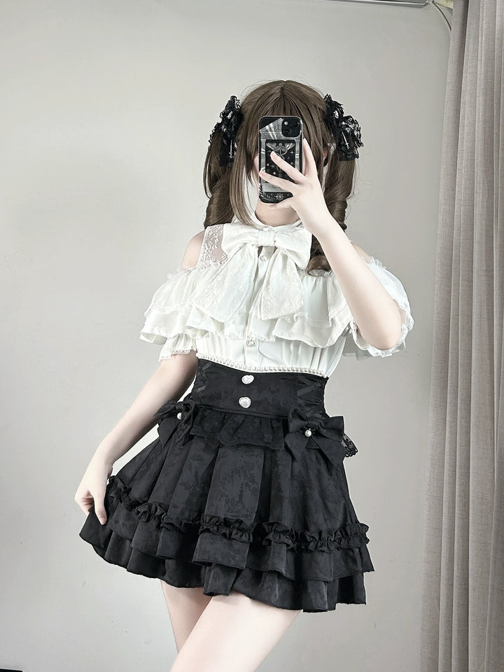 Jirai Kei Lace Skirt, Black Jacquard And Houndstooth Style 44163:801146