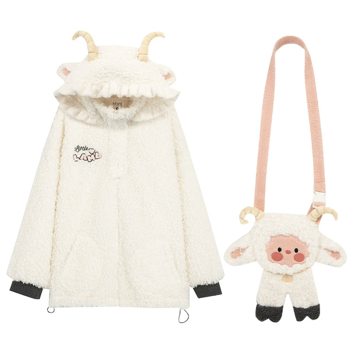 Mori Kei White Winter Jacket Little Sheep Fleece Coat 22696:328466