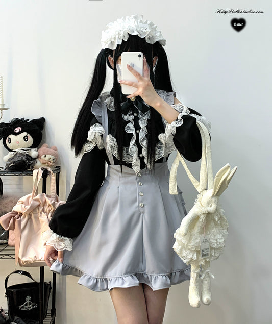 Jirai Kei Black White Blouse Double Layer Hollowed Sleeves Shirts 31856:372590