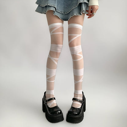 Lolita Socks Y2K Thigh-high Socks Straps White Black Silk 36616:522428