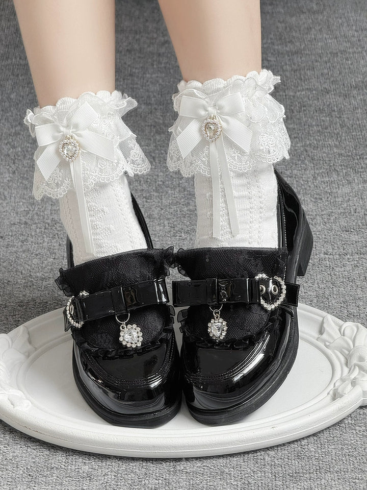 Jirai Kei Low-Heel Loafer Shoes, Rhinestones & Bow 43944:790305