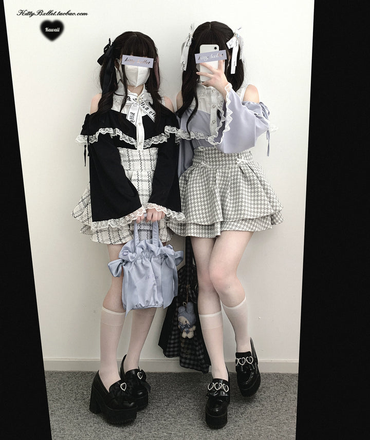 Jirai Kei Skirt Double-layer Skirt Black White Check Skirt 40018:651196