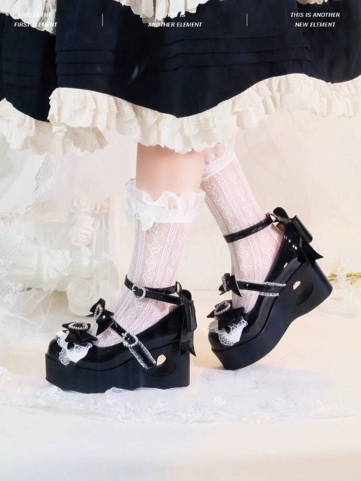 Sweet Lolita Platform Shoes, Bow and Heart-Shaped Pearl 45357:846088
