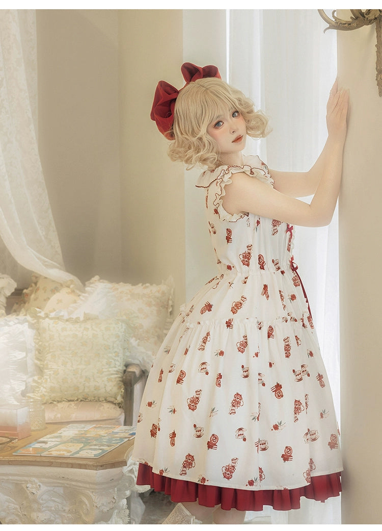 Classic Lolita Dress With Short Sleeve And Floral Tea Pot Print Multicolor 37134:552438